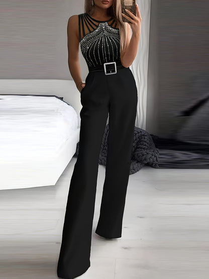 Women's Jumpsuit - Strappy Shoulder Design - Embellished Fitted Bodice - Wide-Leg Belted Waist
