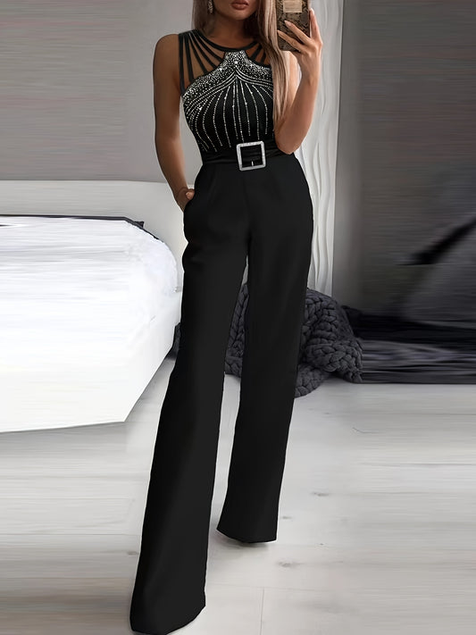 Embellished Strappy Wide-Leg Belted Jumpsuit