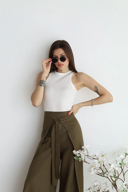 Women's high-waist tie-front wide-leg pants