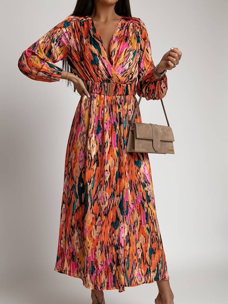 Women's Wrap Dress - V-Neck Long Sleeve - Fitted Waist High Slit Flowy Skirt