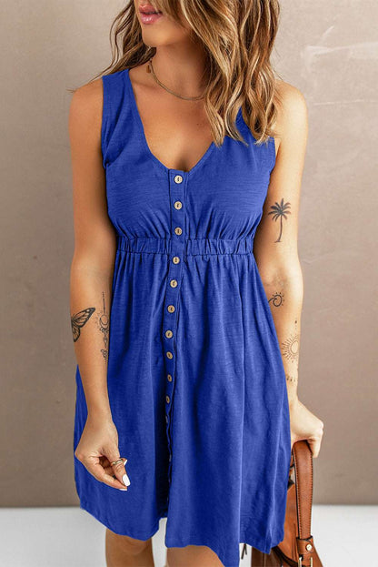 Women's Sleeveless Button-Up Mini Dress - V-Neck - Elastic Waist - Casual Fit