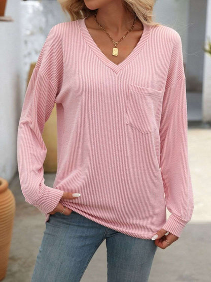 Women's V-Neck Sweater - Textured Knit - Long Sleeve - Relaxed Fit - Chest Pocket