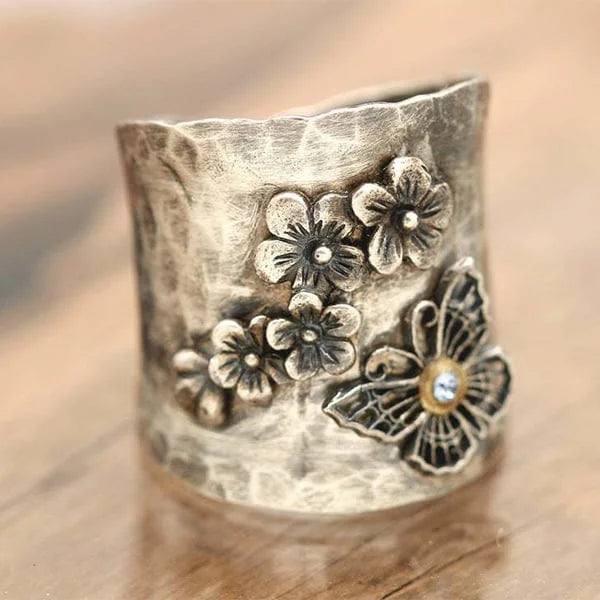 Bee flower butterfly wide band ring