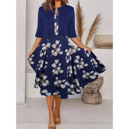 Women’s Long Dress – Fit and Flare – Keyhole Neck – Bold Floral Print – Breathable Blend