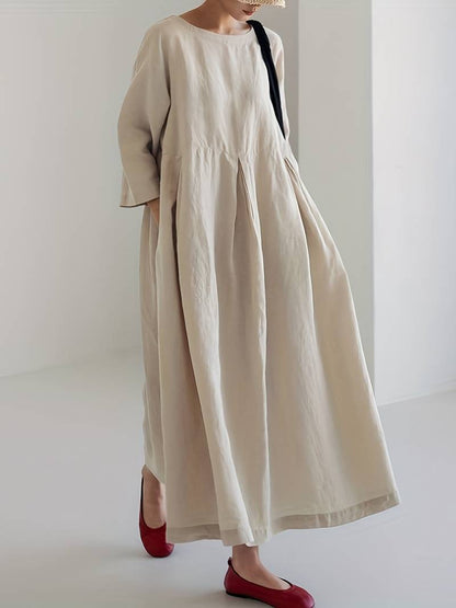 Women's Maxi Dress - Loose Fit - Pleated Skirt - Three-Quarter Sleeves - Flowy Elegant Style