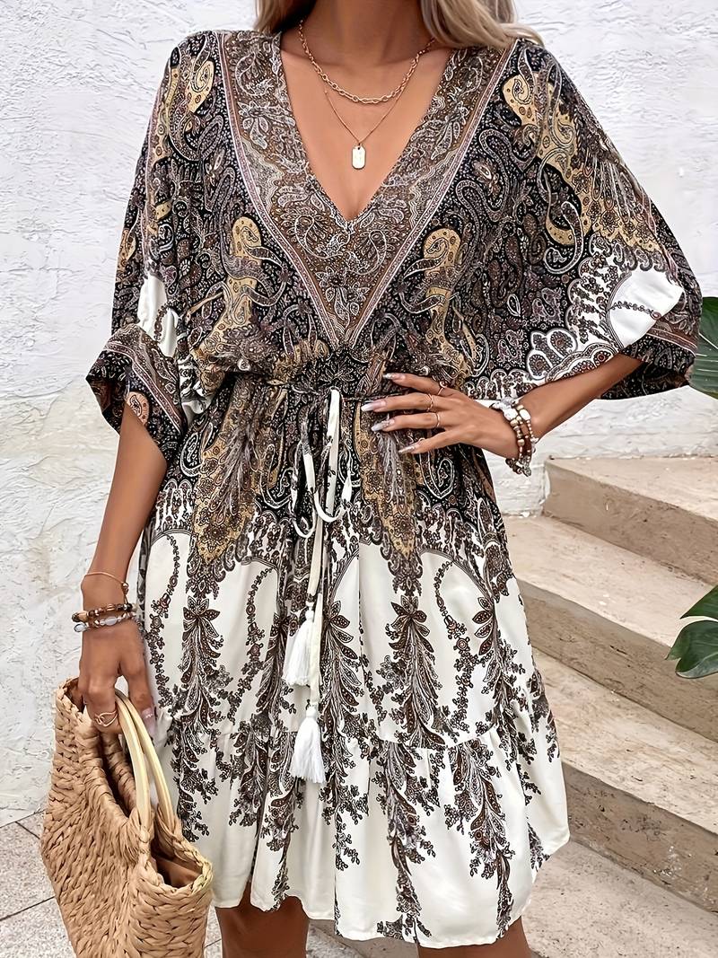 Paisley Print Flowy Boho Knee-Length Dress