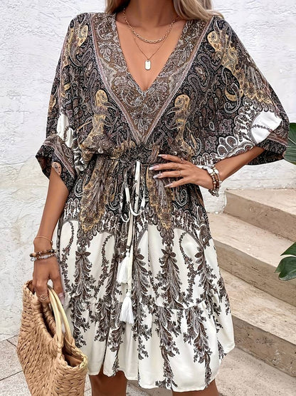 Women's Boho Dress - Paisley Print - V-Neck - Short Wide Sleeves - Flowy Knee-Length