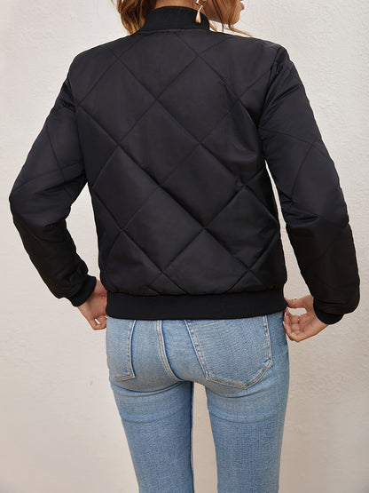 Women’s Bomber Jacket – Quilted Argyle Pattern – Cropped Fit – Ribbed Trim – Zip Closure