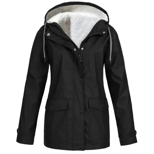 Women's Hooded Raincoat - Waterproof - Faux Fur Lined - Adjustable Cuffs - Zip Closure