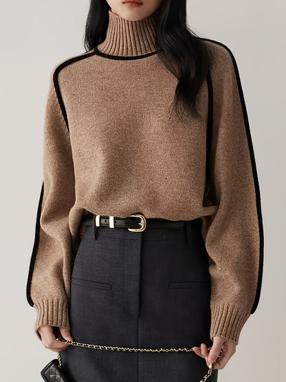 High-neck knit sweater with outlined design and long sleeves for women