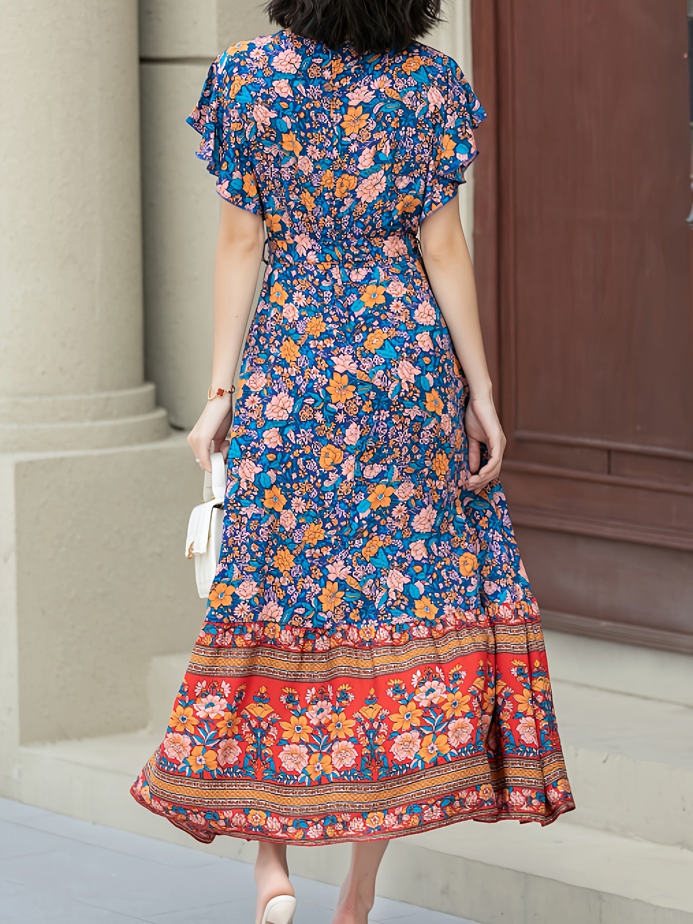 Women’s Maxi Dress - Bohemian Wrap Style - Floral Print - Short Ruffled Sleeves
