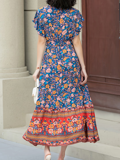Women’s Maxi Dress - Bohemian Wrap Style - Floral Print - Short Ruffled Sleeves
