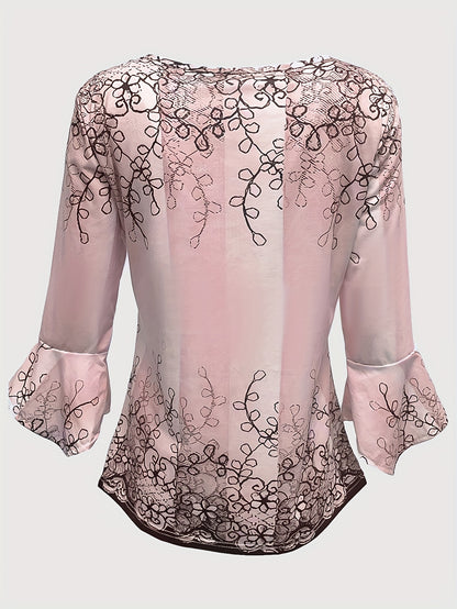 Women’s Blouse - Embroidered Lace Detail - Button-Up - Relaxed Fit - 3/4 Sleeve