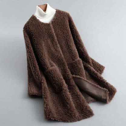 Women's long winter jacket made of teddy fur