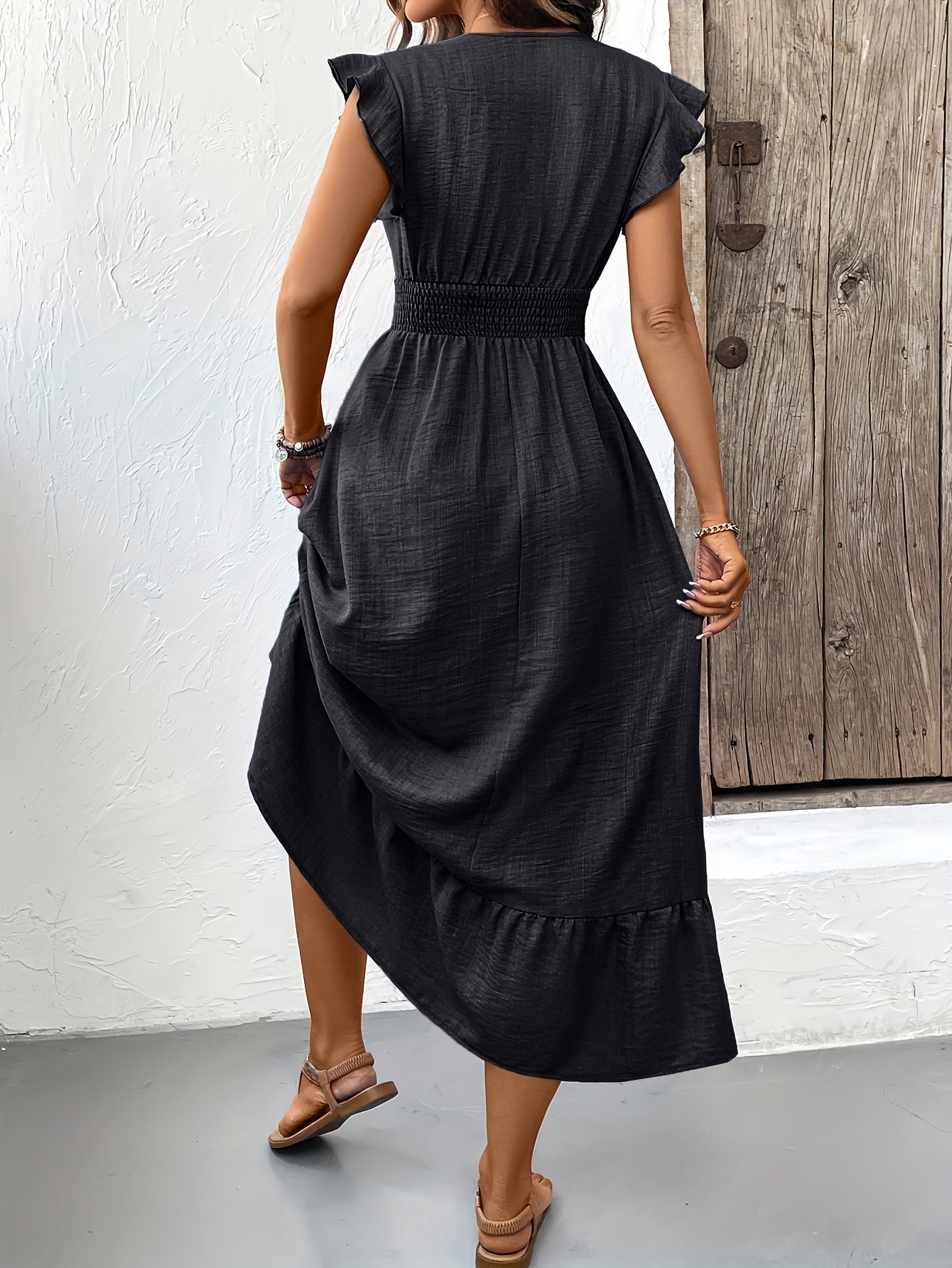 Women's Midi Dress - V-Neck Wrap Style - Flutter Sleeves - Smocked Waist - Ruffle Hem
