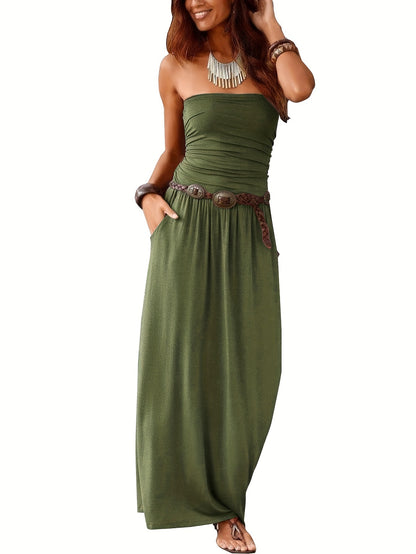 Sleeveless off-shoulder long dress with double pockets for women