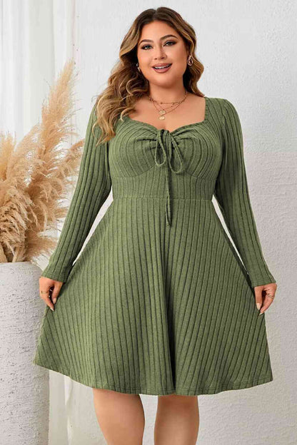 Women's Ribbed Knit Dress - Fit and Flare - Long Sleeve Square Neck Tie Front