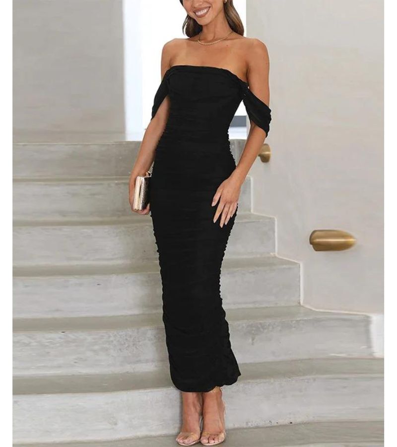 Women's Bodycon Maxi Dress - Off-the-Shoulder - Ruched Elegant Evening Wear