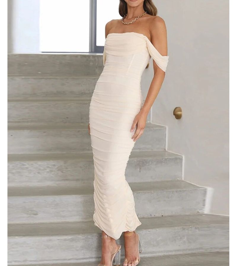 Women's Bodycon Maxi Dress - Off-the-Shoulder - Ruched Elegant Evening Wear