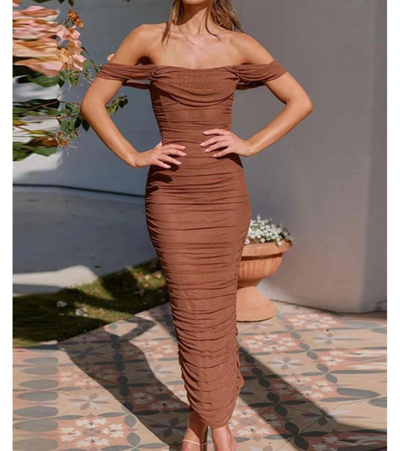 Women's Bodycon Maxi Dress - Off-the-Shoulder - Ruched Elegant Evening Wear