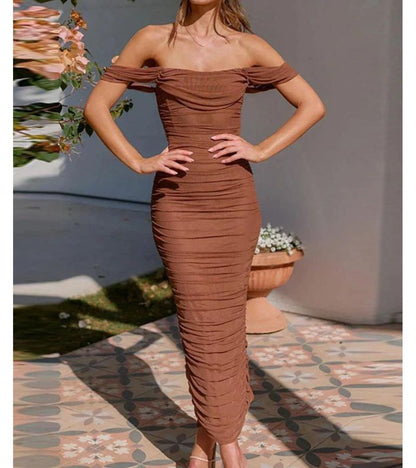 Women's Bodycon Maxi Dress - Off-the-Shoulder - Ruched Elegant Evening Wear