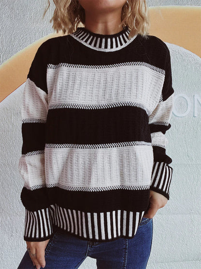 Women's Knitted Sweater - Striped Pattern - Crew Neck - Long Sleeve Relaxed Fit