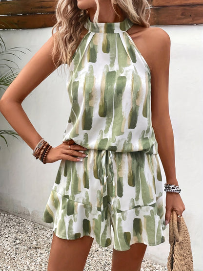 Women's Halter Neck Romper - Sleeveless Tie-Back - Flowy Layered Shorts