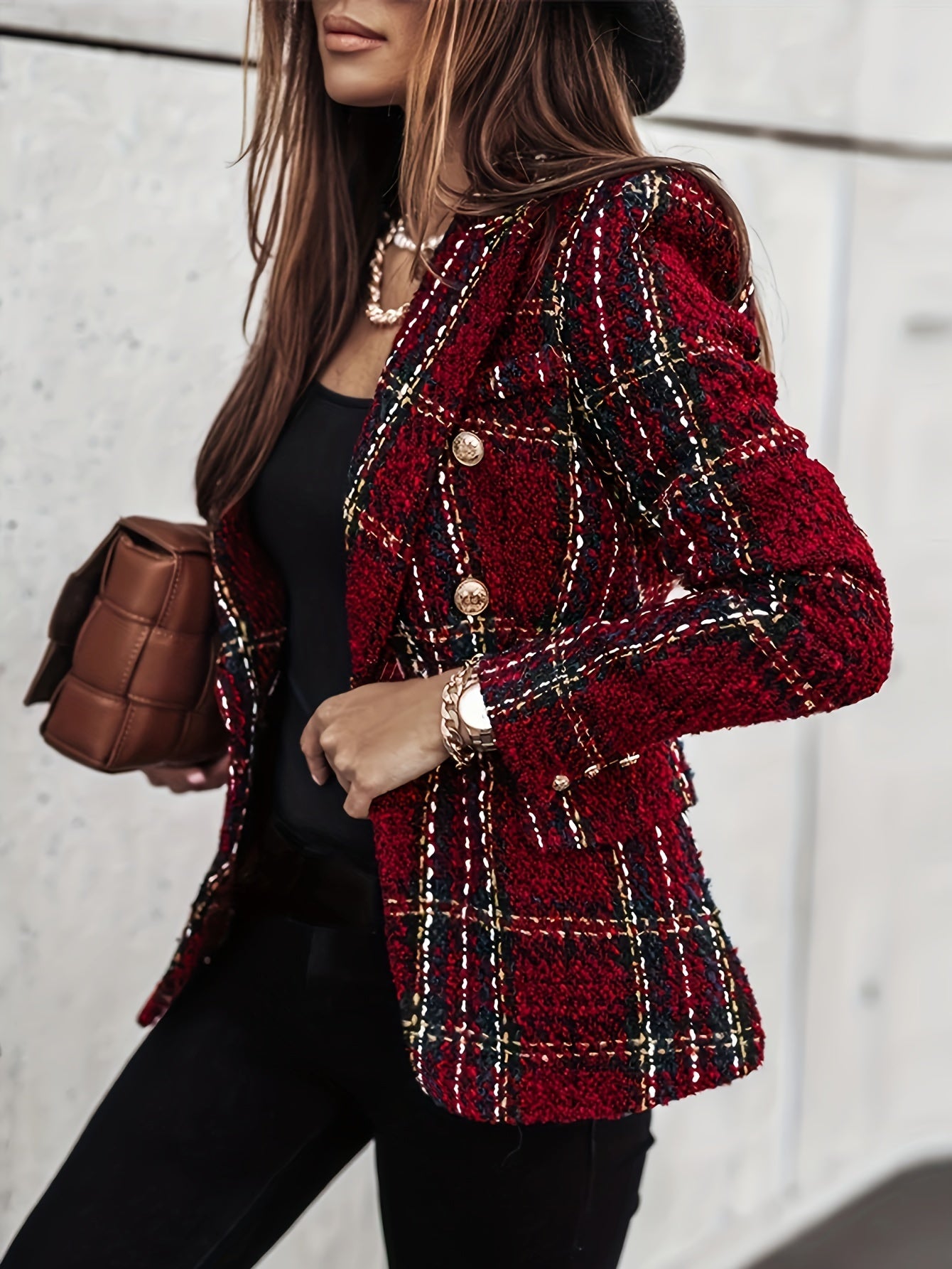 Plaid double-breasted long-sleeve blazer jacket for women