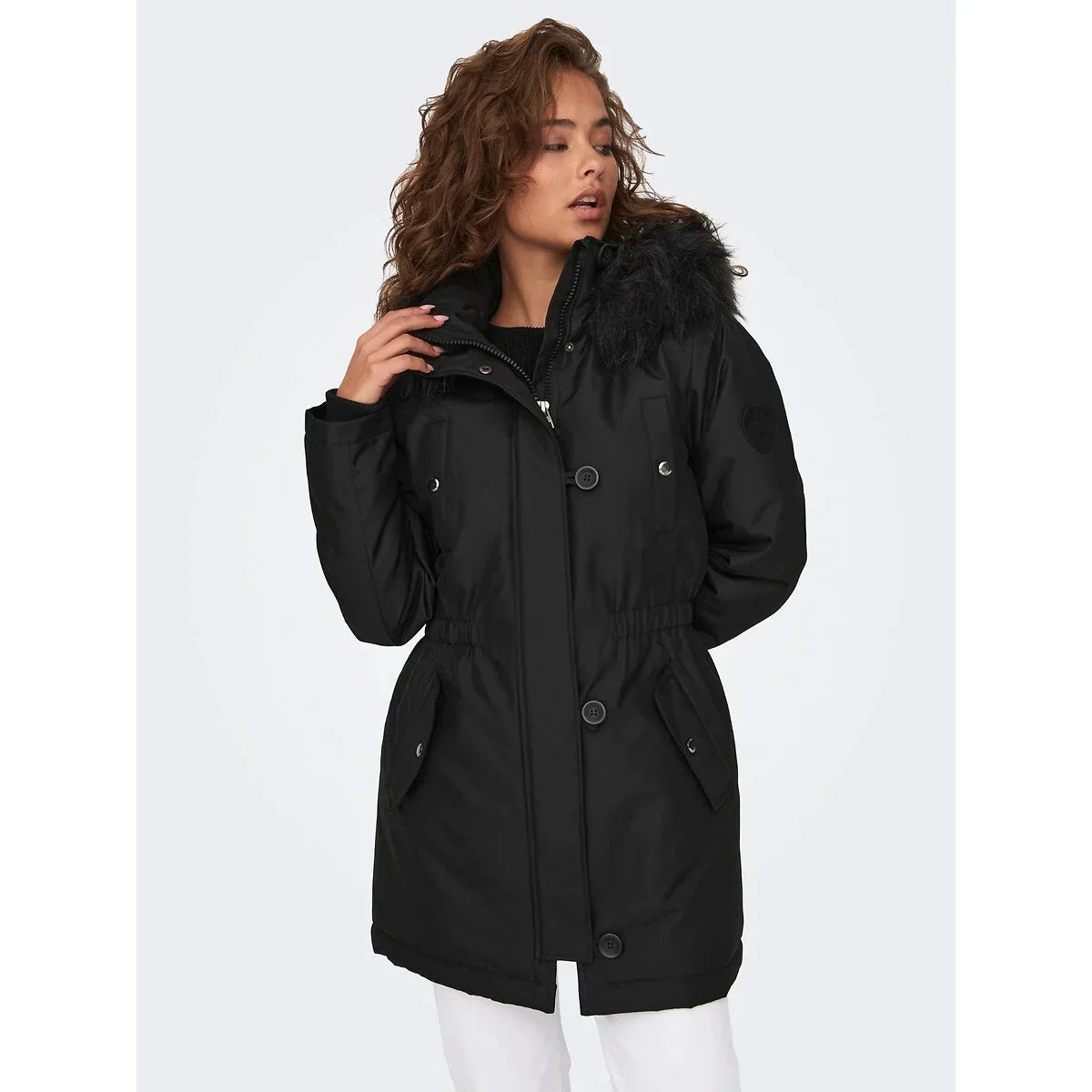 Long waterproof jacket for women with adjustable waist