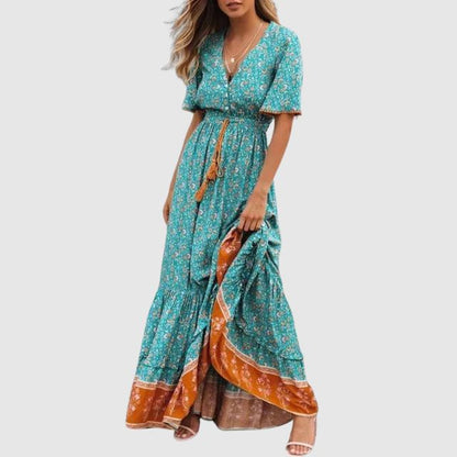 Women's Maxi Dress - Bohemian Wrap Style - Deep V-Neck - Short Flared Sleeves