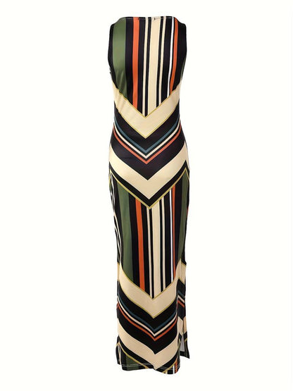 Women's Maxi Dress - Sleeveless Chevron & Stripe Pattern - Round Neck - Side Slit