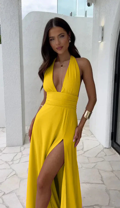 Women's Evening Gown - Halter Neck - High Slit - Floor-Length Elegant Formal Dress