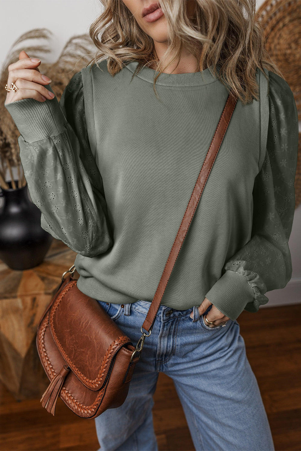 Lara - eyelet round neck long sleeve sweatshirt