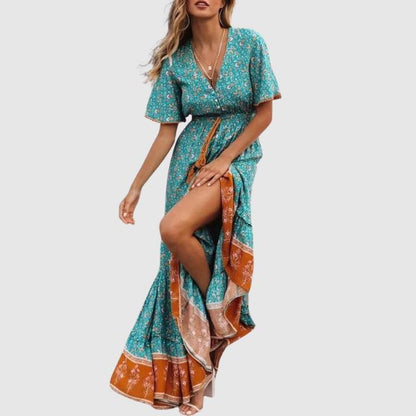 Women's Maxi Dress - Bohemian Wrap Style - Deep V-Neck - Short Flared Sleeves