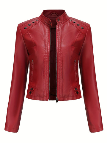 Studded moto jacket with zip closure and stand collar for women