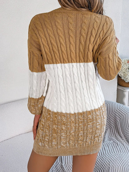 Women's Sweater Dress - Cable Knit - Color Block - Long Sleeve - Relaxed Fit