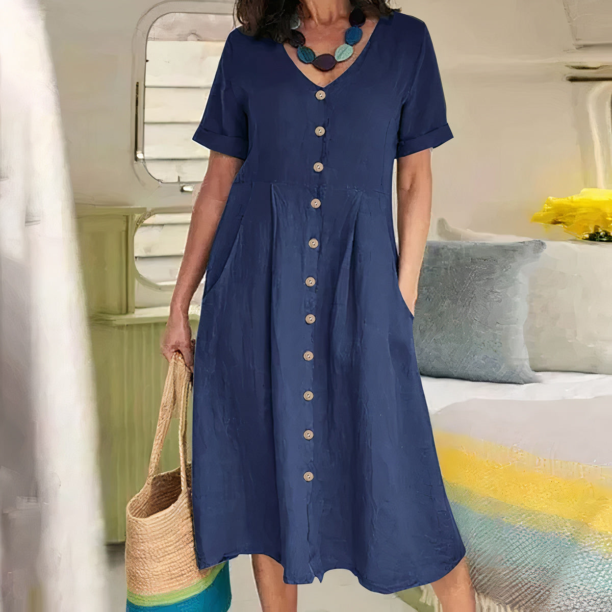 Women's Dress - Cotton Linen Blend - V-Neck Button Front - Short Sleeve Flared Fit
