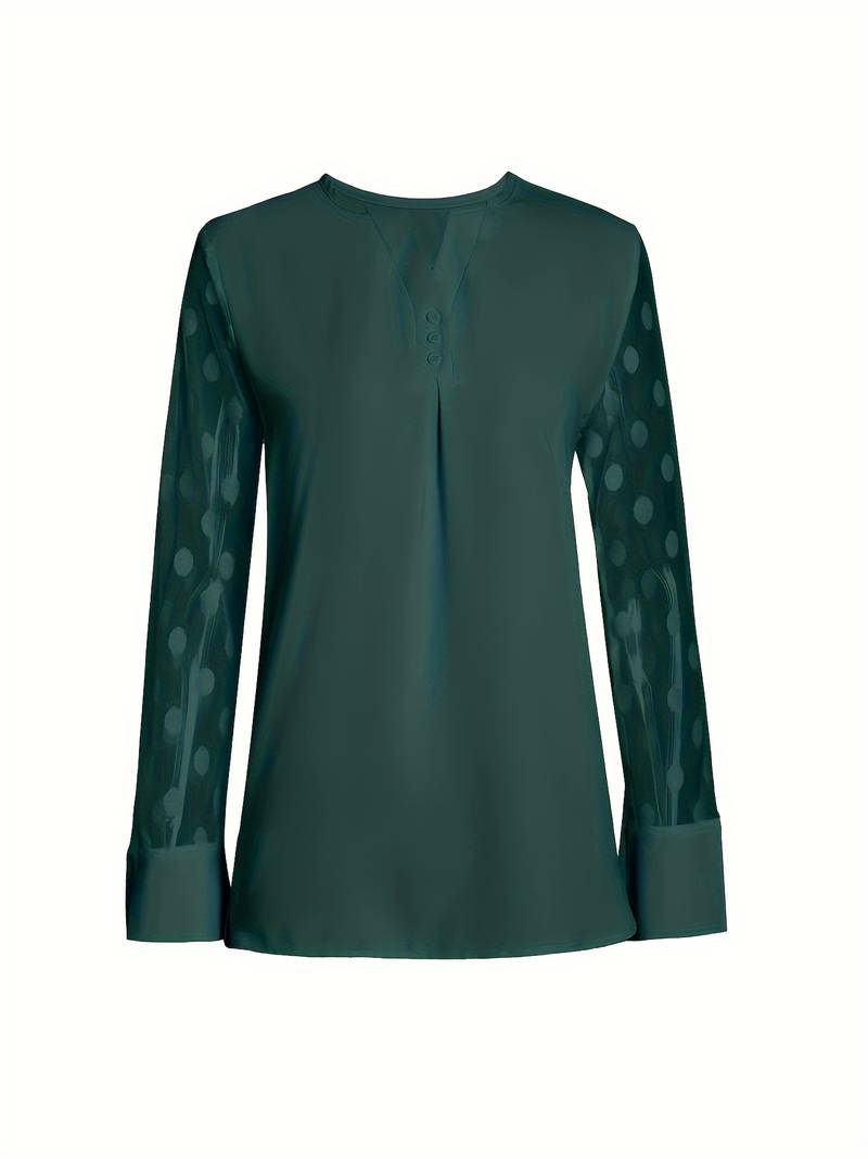 Women's Blouse - Sheer Polka Dot Sleeves - Round Neck - Relaxed Fit Stylish Wear