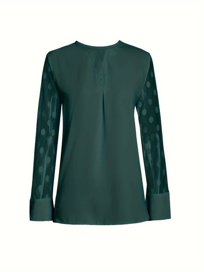 Women's Blouse - Sheer Polka Dot Sleeves - Round Neck - Relaxed Fit Stylish Wear