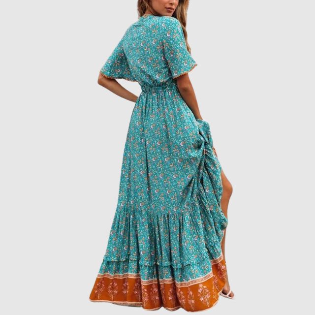 Women's Maxi Dress - Bohemian Wrap Style - Deep V-Neck - Short Flared Sleeves