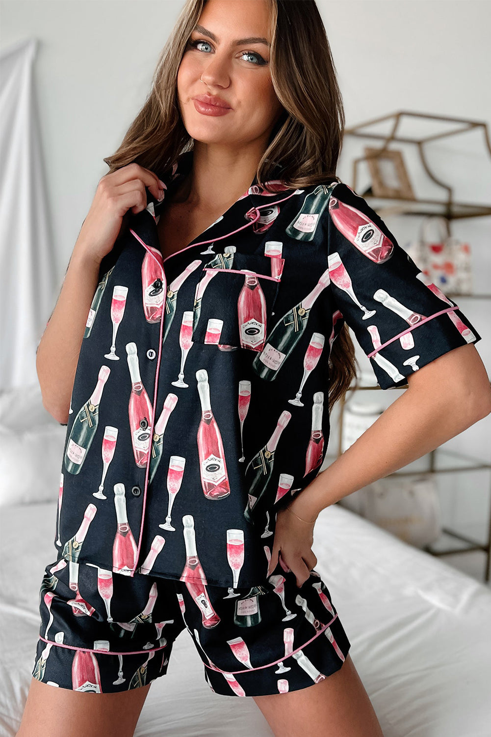 Women's Pajama Set - Short Sleeve Button-Up - Collared Top & Shorts - Lounge Wear