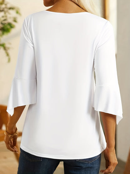 Women's Blouse - Pleated Design - V-Slit Neckline with Buttons - 3/4 Flare Sleeves
