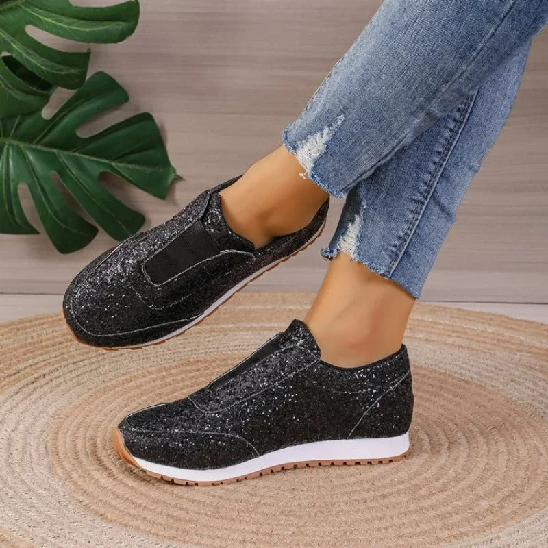 Women's Slip-On Sneakers - Glitter Finish - Round Toe - Casual Comfort Rubber Sole