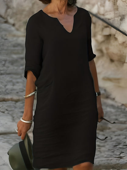 Women's V-Neck Shift Dress - Knee-Length - 3/4 Sleeve Relaxed Fit Casual Wear