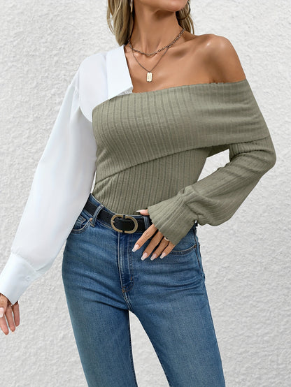 Women's Off-Shoulder Ribbed Knit Top – Asymmetrical Design – Long Sleeve Stylish Fit