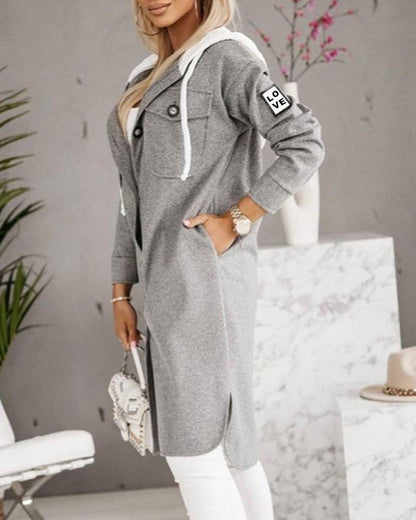 Women’s Hooded Coat - Longline Fit - Button-Up Front - Drawstring Hood - Flap Pockets