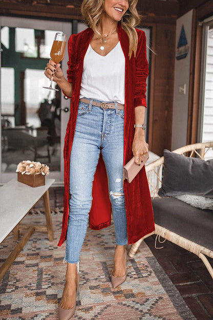 Women’s Long Velvet Duster – Open Front – Elegant Lightweight Layer – Full Sleeve