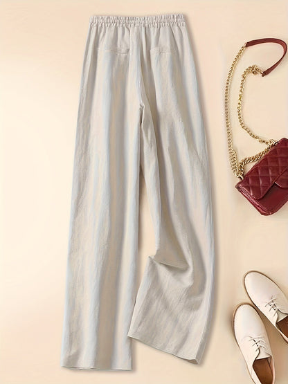 Women's Linen Wide-Leg Pants - Elastic Waist - Lightweight Breathable Fabric - Full Length