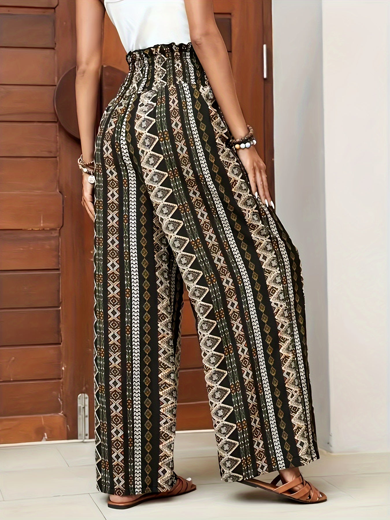 Women's Wide-Leg Pants - High-Waisted Bohemian Print - Flowing Relaxed Fit