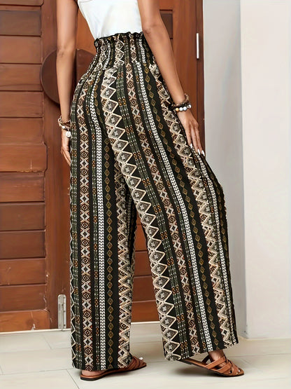 Women's Wide-Leg Pants - High-Waisted Bohemian Print - Flowing Relaxed Fit